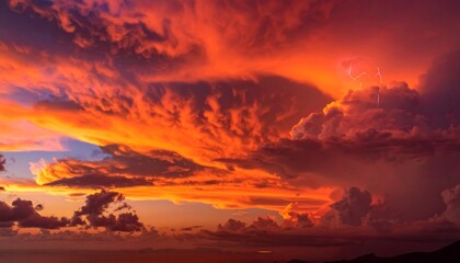 Vivid fiery sunset with stormy clouds and a glimpse of lightning