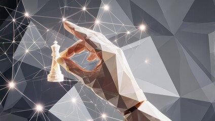 Abstract digital illustration of a hand holding a chess queen piece with geometric patterns