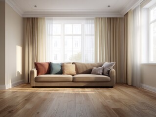 Fototapeta premium A living room with a tan couch and white curtains