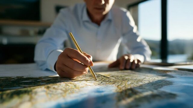 A man examines a detailed cadastral map under sunlight, highlighting potential property divisions.