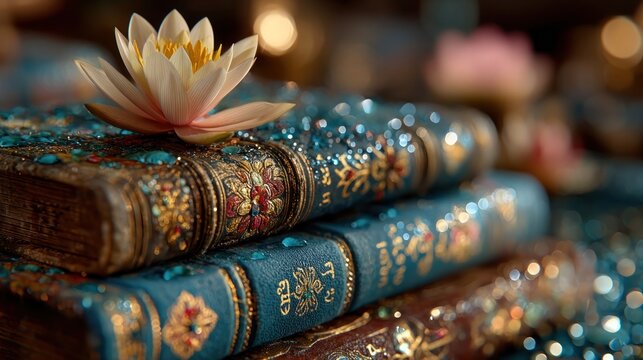 Abstract Indian education background with bokeh, books, lotus, Sanskrit script and cultural motifs