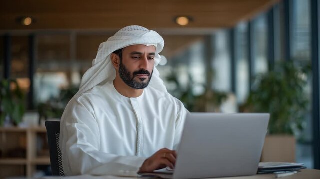 Arab entrepreneur in a white thobe working joyfully at a laptop in a minimalist office setting.