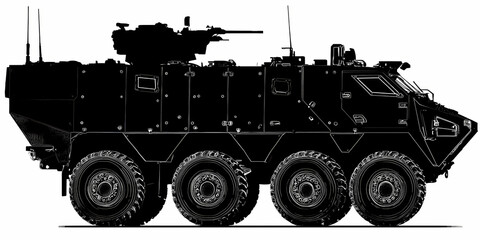 Pandur II Armored Personnel Carrier Side Profile Illustration in Solid Black on Plain White Background Military Vehicle Technical Drawing