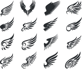 Set of black wing silhouettes in various artistic and decorative designs.