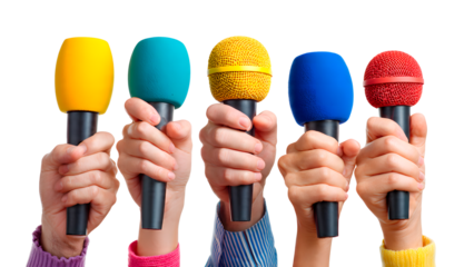 ia generated. Many hands holding colorful microphones for a press conference or interview. Isolated on transparent background, png