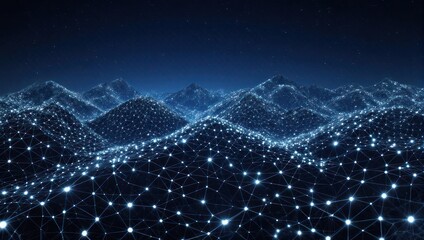 Abstract digital landscape with glowing nodes, resembling data hills under a starlit night