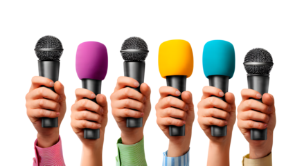 ia generated. Many hands holding colorful microphones for a press conference or interview. Isolated on transparent background, png

