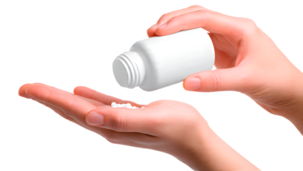 ia generated. Hands pouring medicine from a blank white bottle into an open palm. Isolated on transparent background, png
