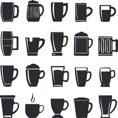 Collection of various mug and cup silhouettes in black and white vector design.