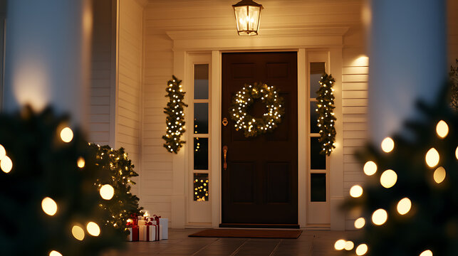 Festive entryway: A warmly lit home entrance, adorned with wreaths, garlands, and twinkling lights, evokes holiday cheer and a welcoming atmosphere.