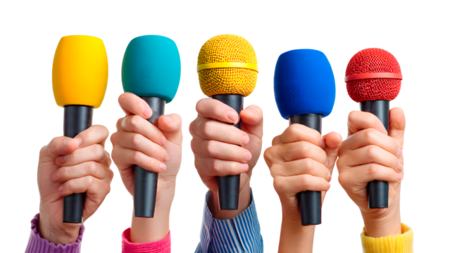 ia generated. Many hands holding colorful microphones for a press conference or interview. Isolated on transparent background, png
