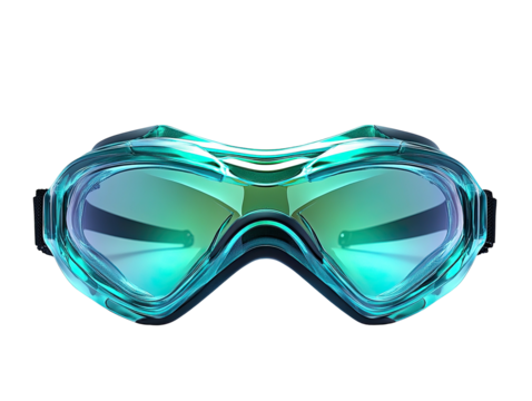 Cyan goggles with iridescent lenses, front view, on a black backdrop