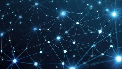 Abstract digital network with glowing nodes and connecting lines on dark blue background