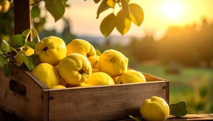 Wooden crate filled with yellow fruit, sunlit garden in background