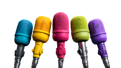 ia generated. Many hands holding colorful microphones for a press conference or interview. Isolated on transparent background, png
