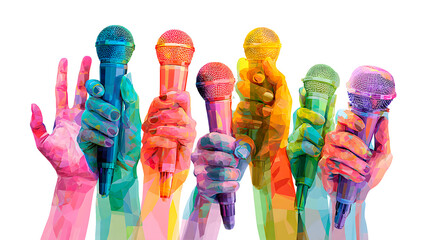 ia generated. Many hands holding colorful microphones for a press conference or interview. Isolated on transparent background, png
