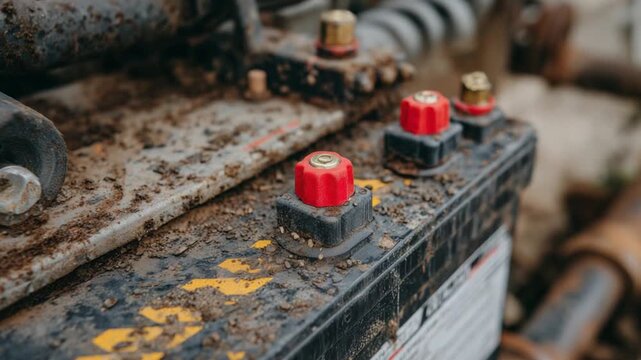 Detailed close-up of a corroded car battery with dusty, grime-covered red and black terminals.
