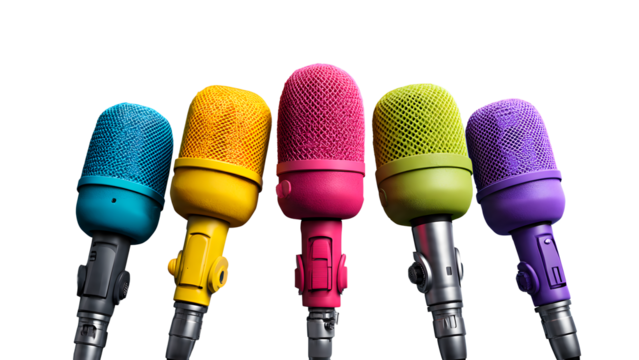 ia generated. Many hands holding colorful microphones for a press conference or interview. Isolated on transparent background, png