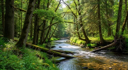 Obraz premium Serene Forest Stream Bathed in Golden Sunlight, Lush Greenery, and Fallen Logs.