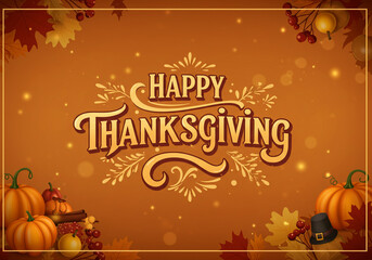 &ldquo;Happy Thanksgiving&rdquo; Greeting Card with Autumn Icons and Orange Background