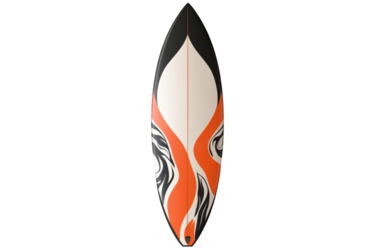 A surfboard with orange and transparent flame design isolated on a transparent background - Powered by Adobe