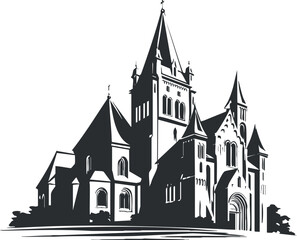 Obraz premium Black and white illustration of a gothic cathedral with prominent spires and intricate architecture.