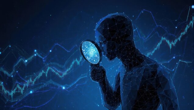 Abstract digital representation of person examining financial data using a magnifying glass