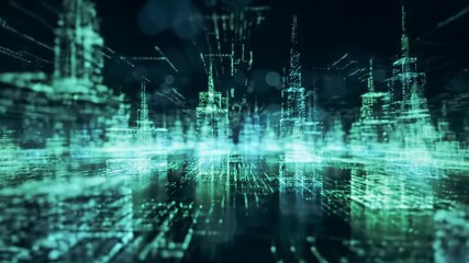 A visually stunning, dynamic animation featuring an infinitely expanding, abstract digital cityscape of glowing green and blue wireframe geometry, a cinematic tracking video evokes advanced - Powered by Adobe