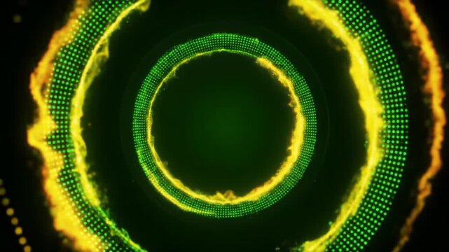 abstract 3D video of two concentric circles formed by bright green light particles, with yellow-orange energy flares orbiting against a deep emerald digital void, sci-fi holographic display concept