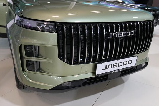 Massive front mask of modern chinese compact crossover SUV car Jaecoo 7, also known as Jaecoo J7 or Chery Tansuo 06, displayed on car expo in Nitra, Slovakia, october 2025.