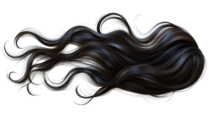 Dark, wavy hair strands cascade with grey highlights on black background