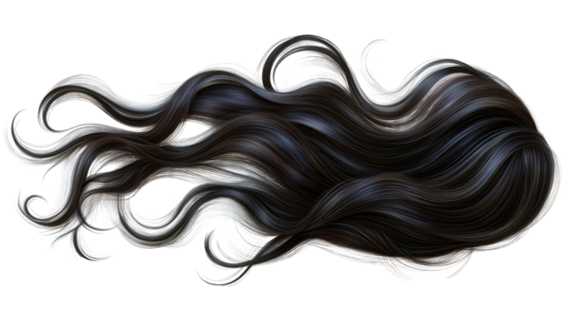 Dark, wavy hair strands cascade with grey highlights on black background