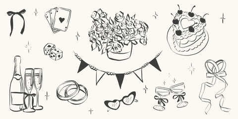 Hand drawn coquette wedding elements. Vintage cute symbols with ribbon and bow in simple crayon sketch style. Trendy art for Valentine day and bachelorette invitations. Doodle vector illustration © Olga Rai