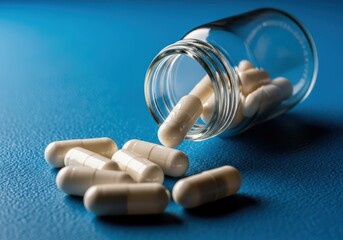 A clear glass bottle tipped over, scattering white capsules onto a textured blue surface