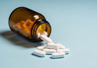 A brown glass bottle tipped over, spilling white oval tablets onto a light blue surface