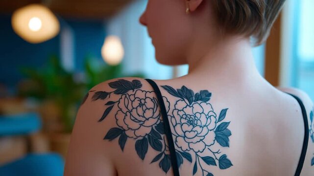 Intricate black floral tattoo with delicate linework and shading adorns woman's upper back, showcasing elegant petals and vines.