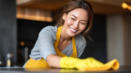 Woman cleaning kitchen surface with a joyful expression