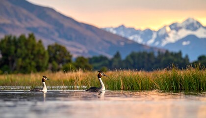 A tranquil waterscape features two birds afloat, grassy banks, and snow-capped mountains beneath a sunset sky