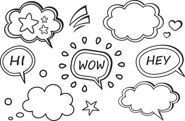 Collection of hand drawn comic book style speech bubbles and thought clouds with words and symbols