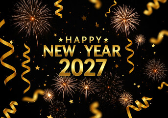 Gold &ldquo;Happy New Year 2027&rdquo; Text with Fireworks and Ribbons on Black Background