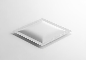 A single square white sachet or packet with a textured border lies on a clean white surface