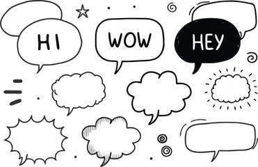 Collection of hand drawn speech bubbles and comic style text elements for communication and design