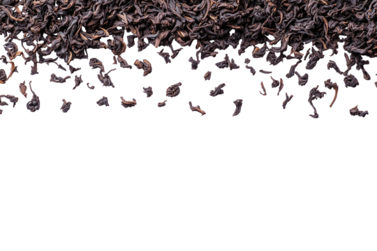 Dry, dark tea leaves scattered across the top, fading to black