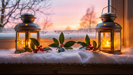 Two Lit Lanterns with Holly and Berries on a Snowy Window Ledge Christmas winter