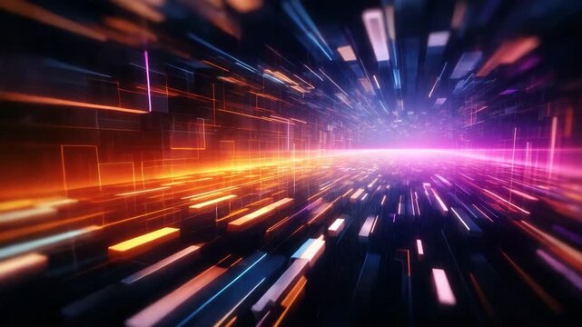Futuristic Digital Tunnel with Orange and Blue Lights