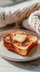 Close up of toasted raisin bread with melting butter on a plate, surrounded by cozy textures, evoking warmth and comfort in a delightful breakfast setting