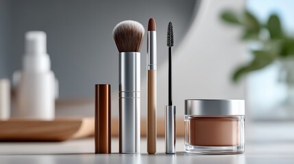 Collection of makeup products on a modern surface
