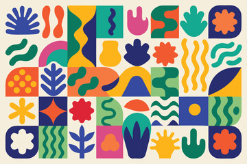 Vibrant abstract geometric shapes and organic forms in a playful mosaic pattern