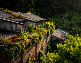 Lush Greenery Reclaiming Abandoned Industrial Rooftops
