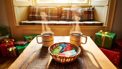 Two Steaming Mugs of Coffee on a Table Surrounded by Wrapped Christmas Presents drink
